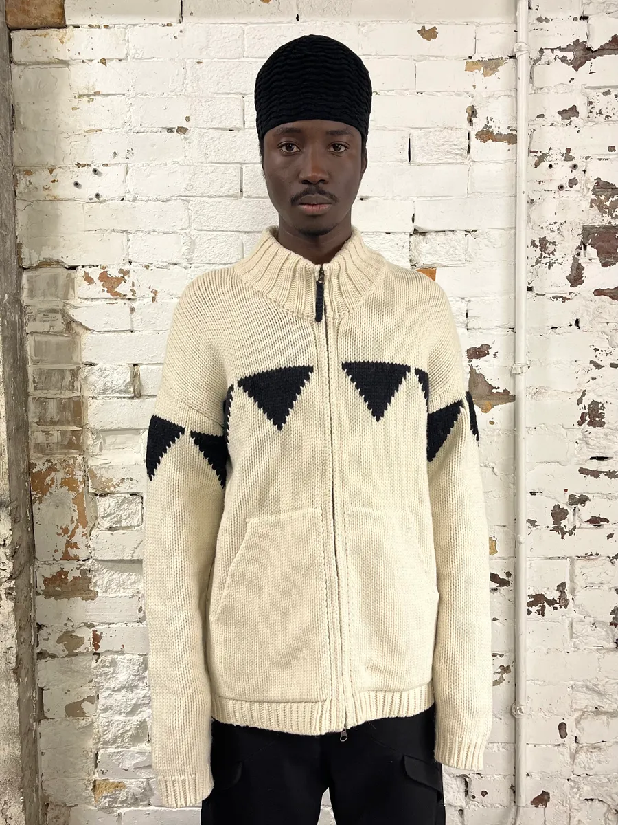 Armani Triangle Cream Wool Zip-Up Sweater