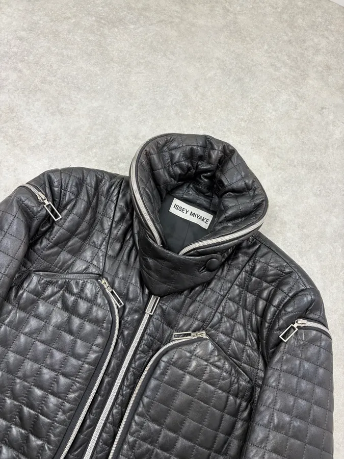 AW1991 Issey Miyake Backzip Quilted Black Leather Jacket - Image 4