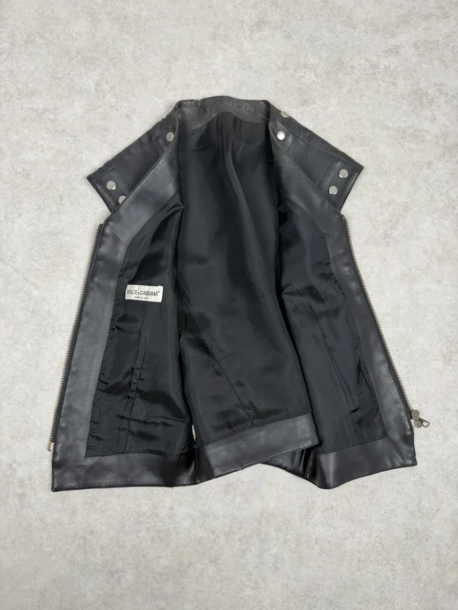 AW1993 Dolce & Gabbana Black Studded Sleeveless Leather Biker Waistcoast Vest - Image 10