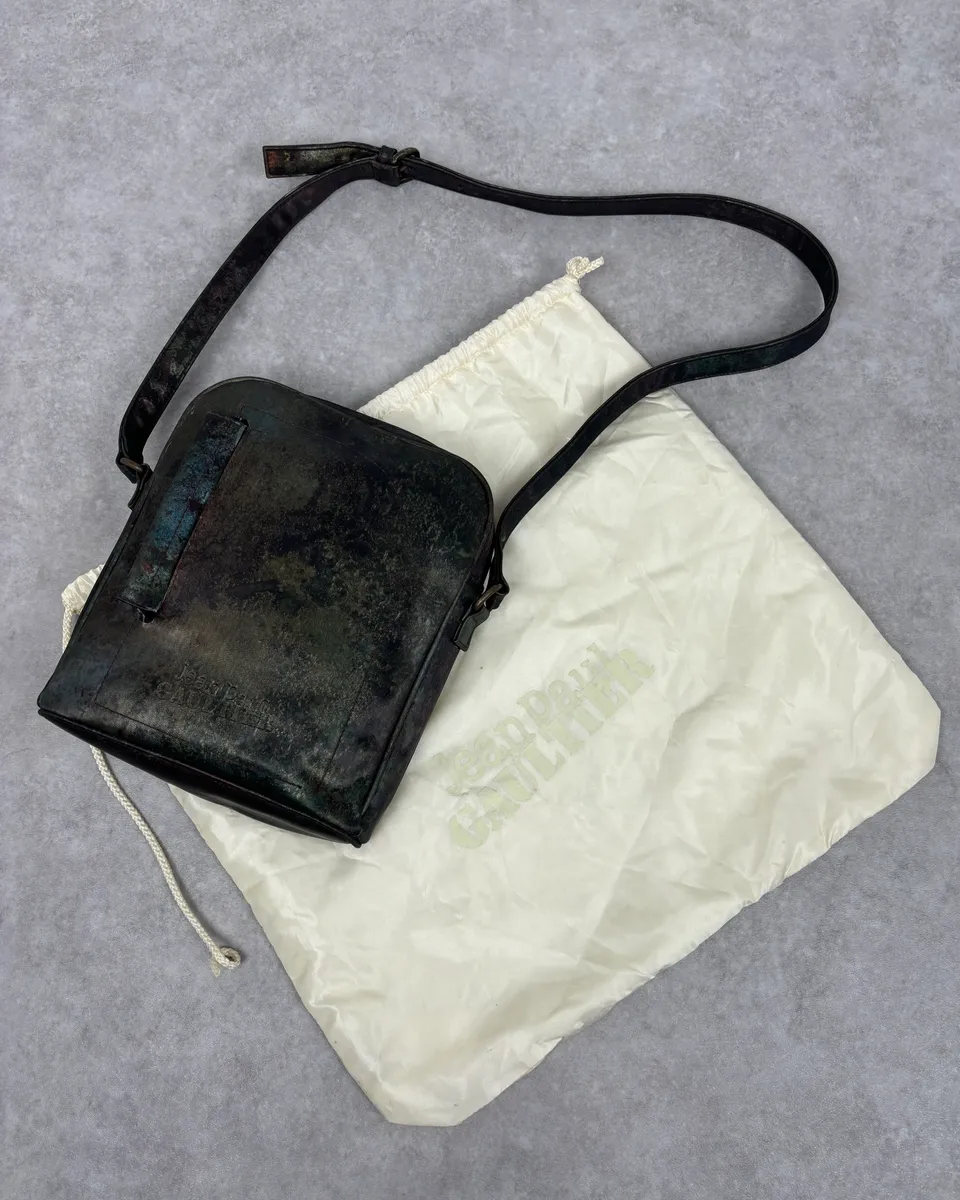 AW1995 Jean Paul Gaultier Green Eroded World Satin Leather Bag - Image 5