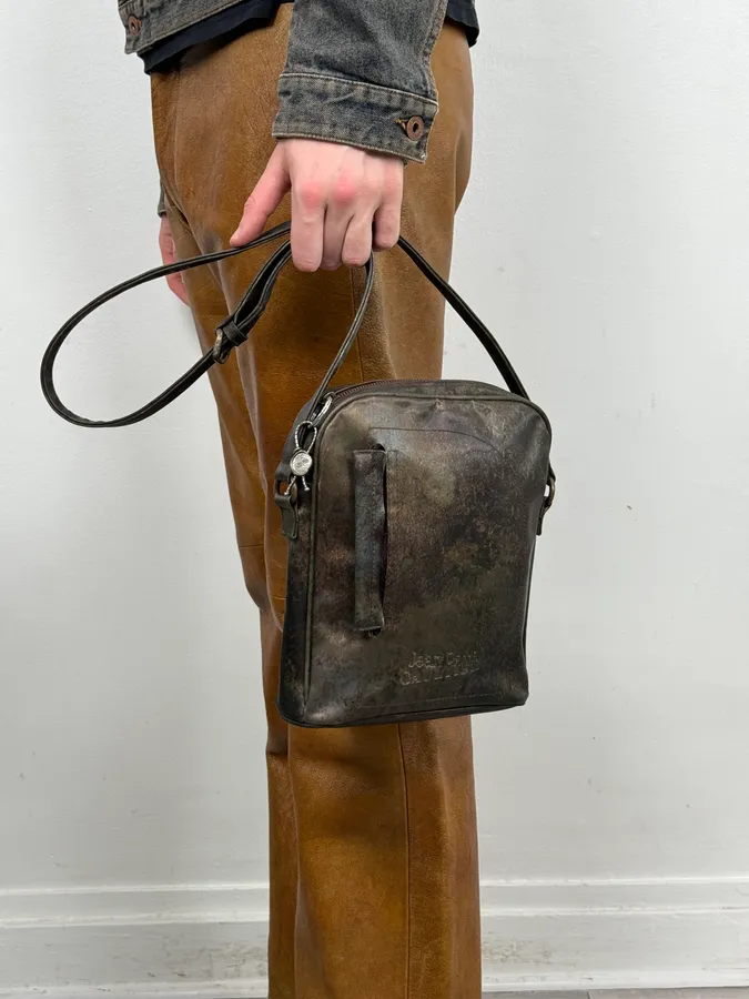 AW1995 Jean Paul Gaultier Green Eroded World Satin Leather Bag - Image 6