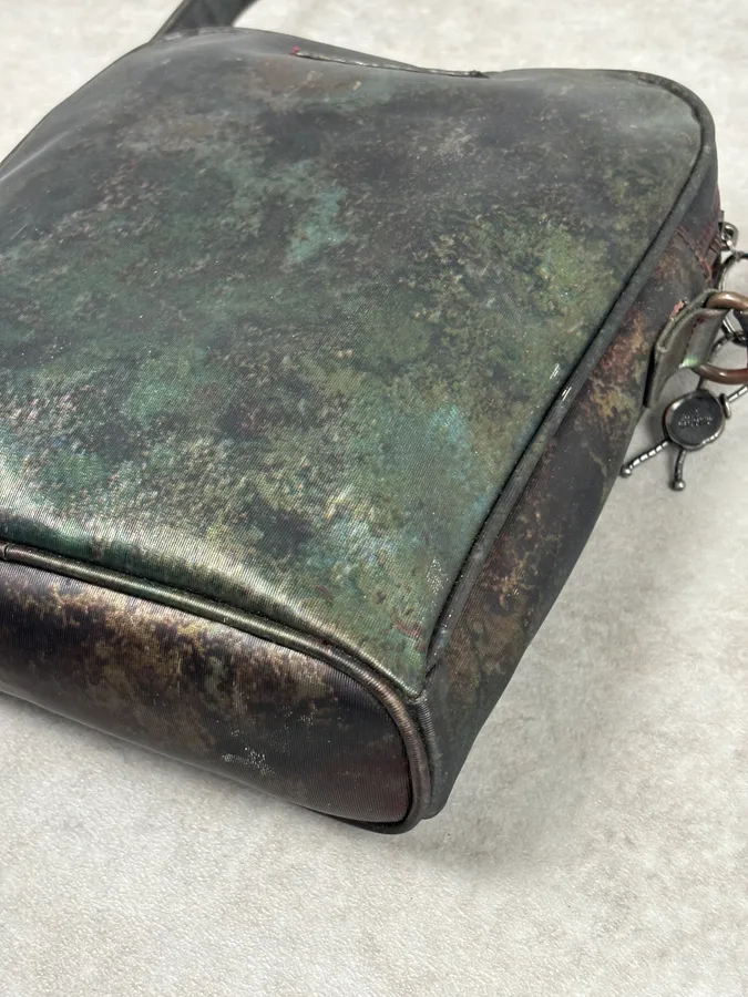AW1995 Jean Paul Gaultier Green Eroded World Satin Leather Bag - Image 8