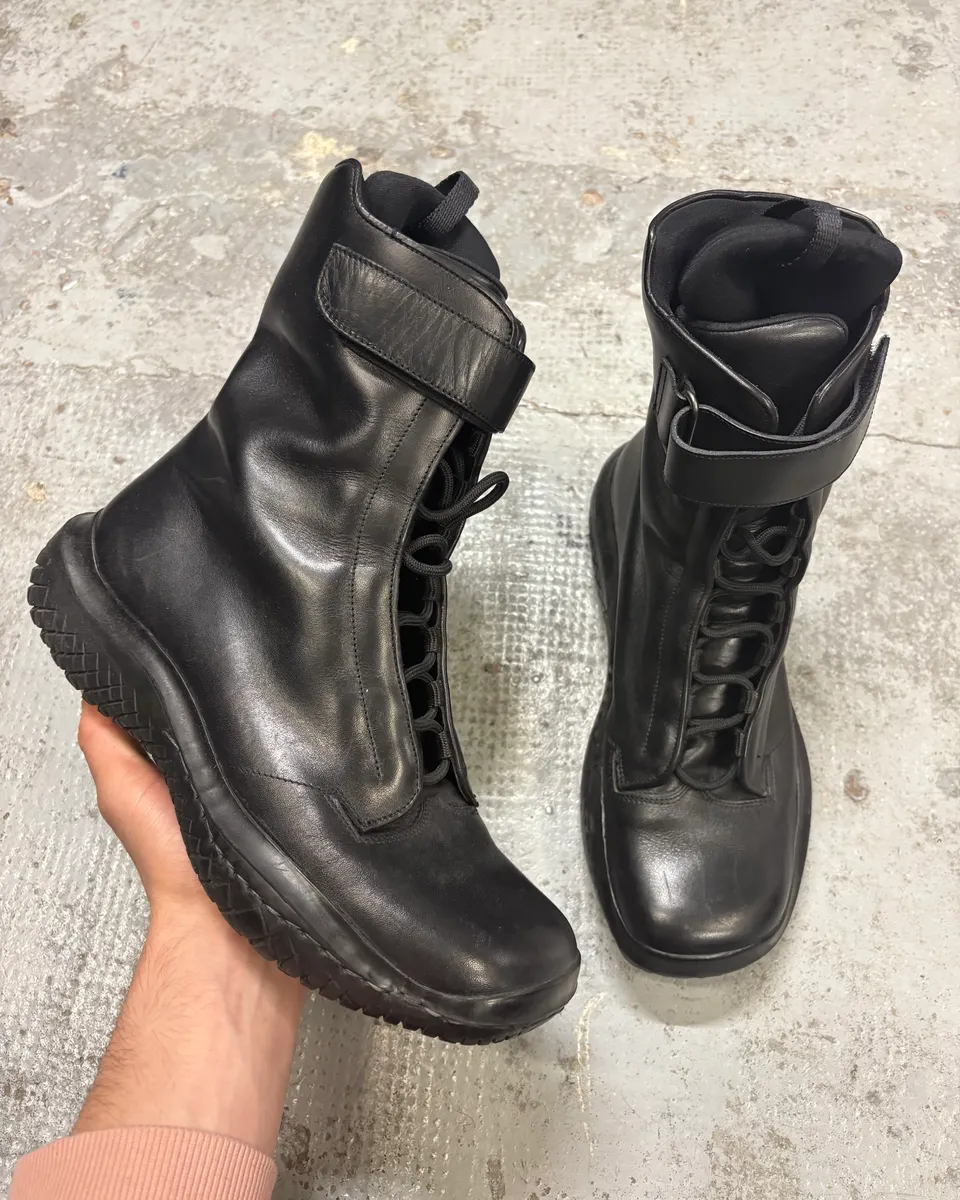 AW1999 Prada Black Leather Scratch Laced Vibram Boots