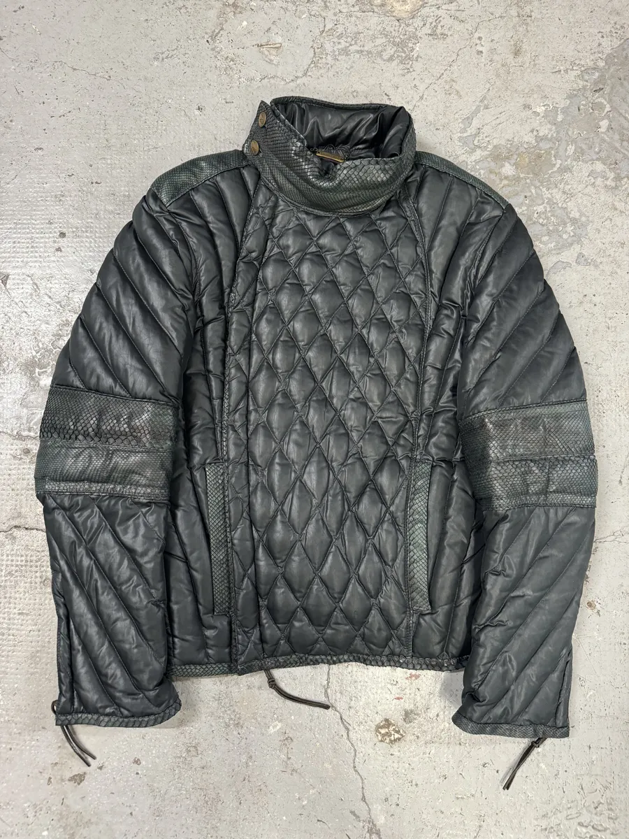 AW2000 Roberto Cavalli Asymmetrical Ninja Python Dark Green Puffer Leather Jacket