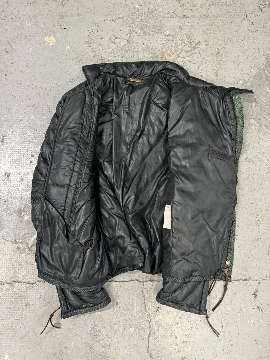 AW2000 Roberto Cavalli Asymmetrical Ninja Python Dark Green Puffer Leather Jacket - Image 12