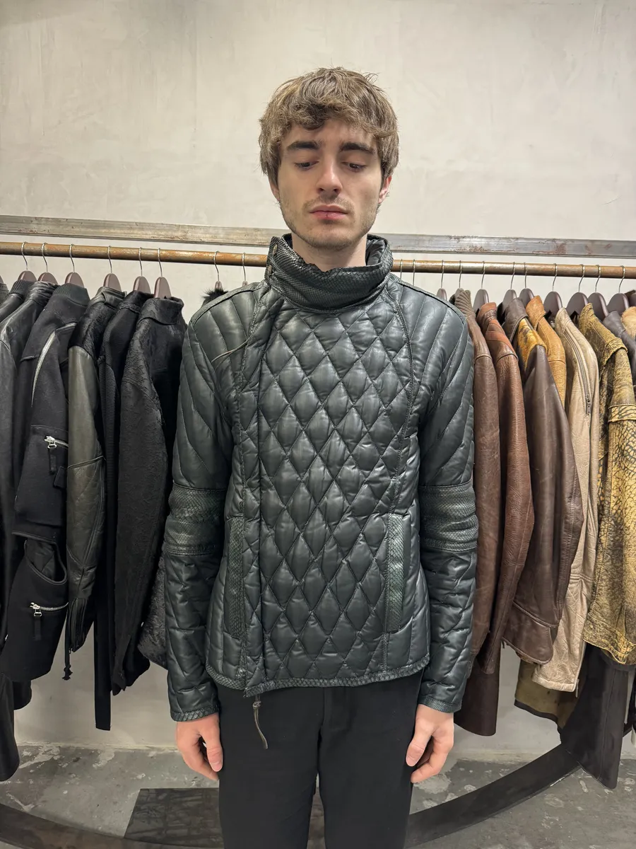 AW2000 Roberto Cavalli Asymmetrical Ninja Python Dark Green Puffer Leather Jacket - Image 3