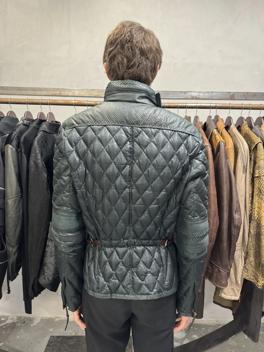 AW2000 Roberto Cavalli Asymmetrical Ninja Python Dark Green Puffer Leather Jacket - Image 4