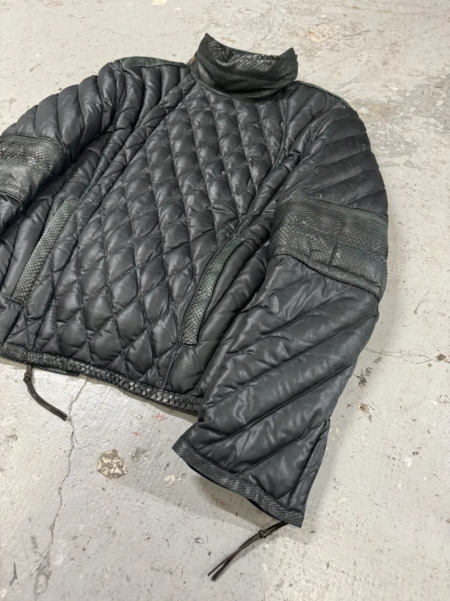 AW2000 Roberto Cavalli Asymmetrical Ninja Python Dark Green Puffer Leather Jacket - Image 5