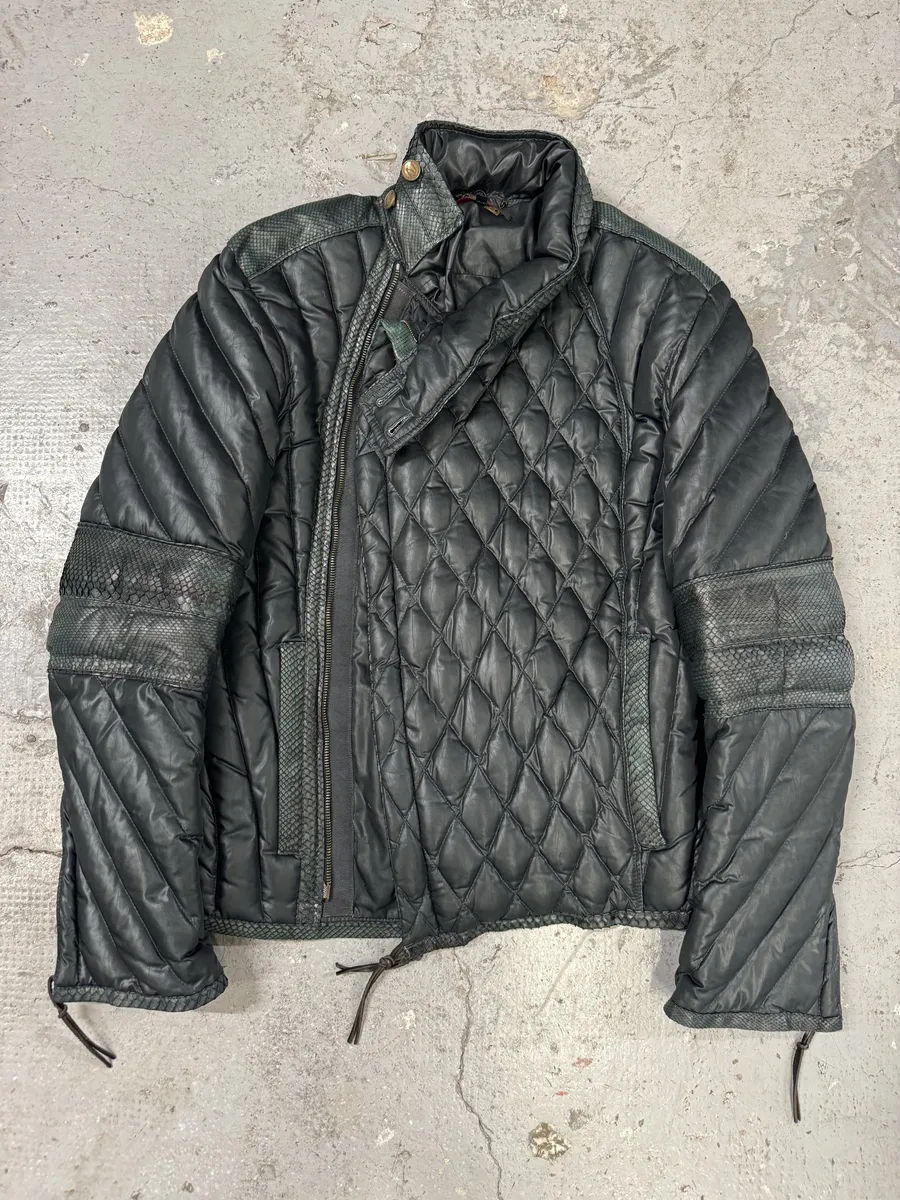 AW2000 Roberto Cavalli Asymmetrical Ninja Python Dark Green Puffer Leather Jacket - Image 6