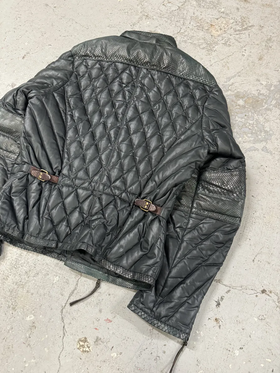 AW2000 Roberto Cavalli Asymmetrical Ninja Python Dark Green Puffer Leather Jacket - Image 7