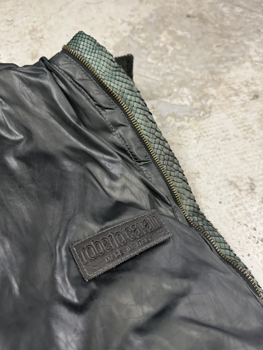AW2000 Roberto Cavalli Asymmetrical Ninja Python Dark Green Puffer Leather Jacket - Image 8