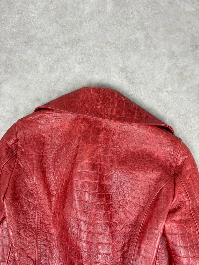 AW2000 Roberto Cavalli Bordeaux Leather Crocodile Embossed Leather Jacket - Image 6