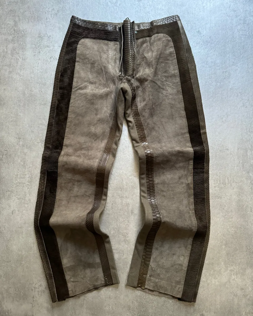 AW2000 Roberto Cavalli Python, Suede Textured Faded Brown Leather Pants - Image 11