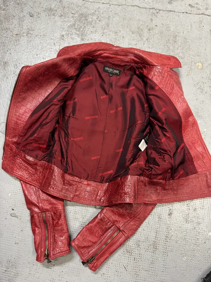 AW2000 Roberto Cavalli Red Crocodile Effect Biker Leather Jacket - Image 5