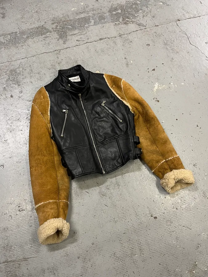 AW2001 Dolce & Gabbana Black Leather Crop Moto Jacket Contrast Suede Sleeves - Image 4