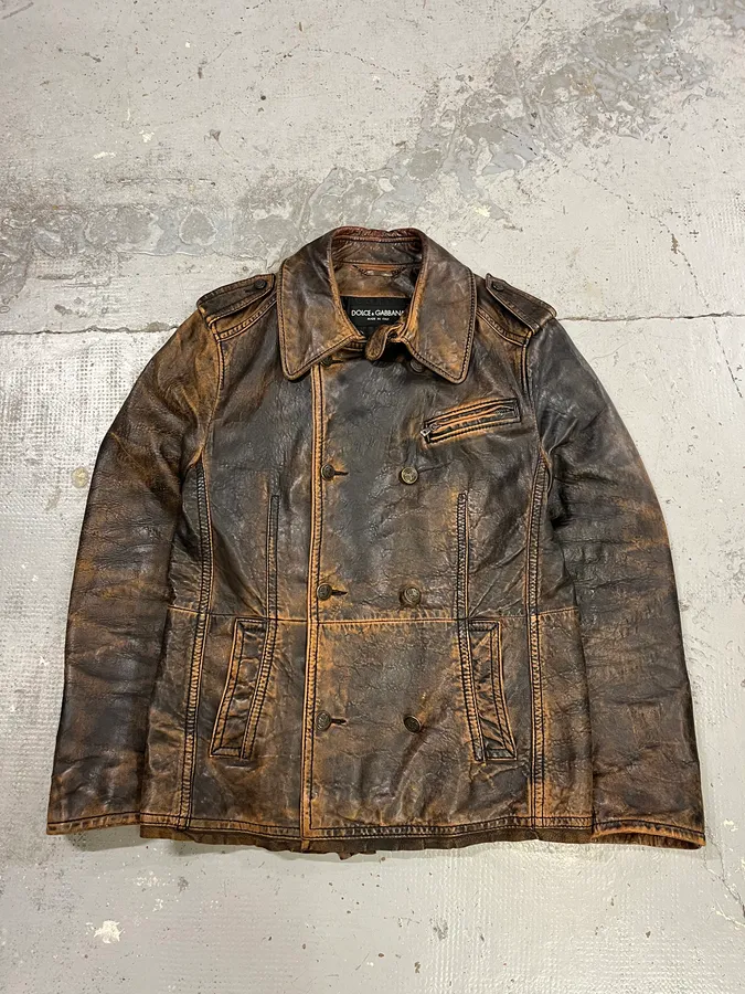 AW2001 Dolce & Gabbana Brown Eroded Leather Officer Buttoned Jacket - Image 3