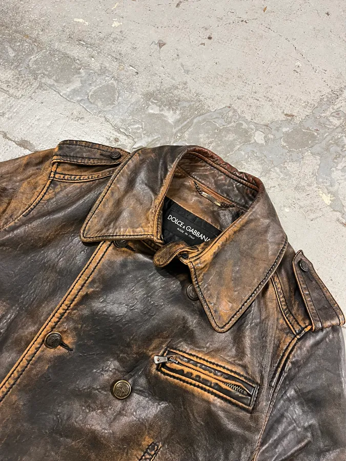 AW2001 Dolce & Gabbana Brown Eroded Leather Officer Buttoned Jacket - Image 4