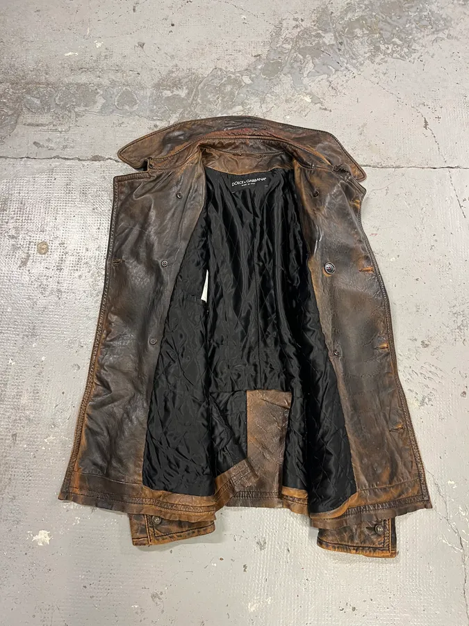 AW2001 Dolce & Gabbana Brown Eroded Leather Officer Buttoned Jacket - Image 8