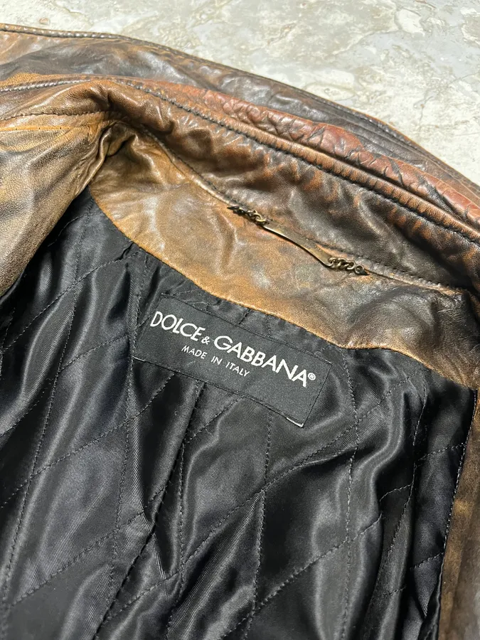 AW2001 Dolce & Gabbana Brown Eroded Leather Officer Buttoned Jacket - Image 9