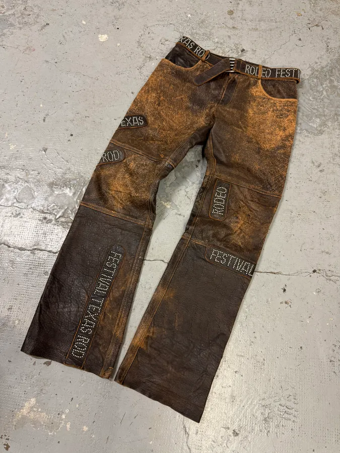 AW2001 Dolce & Gabbana Brown Eroded Studded Leather Texas Rodeo Festival Pants - Image 2