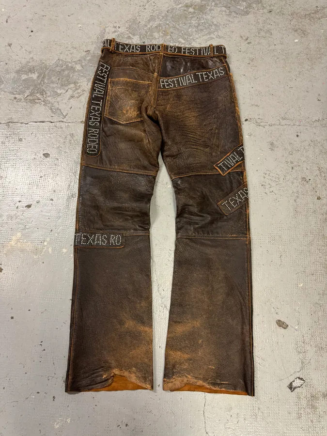 AW2001 Dolce & Gabbana Brown Eroded Studded Leather Texas Rodeo Festival Pants - Image 4