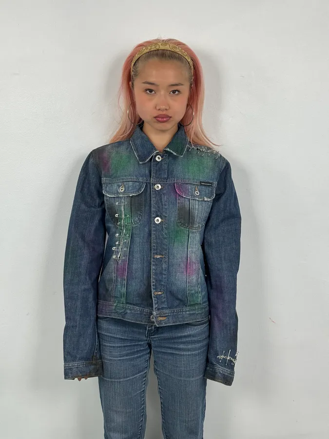 AW2001 Dolce & Gabbana Safety Pins Tie-Dye Distressed Denim Jacket - Image 2