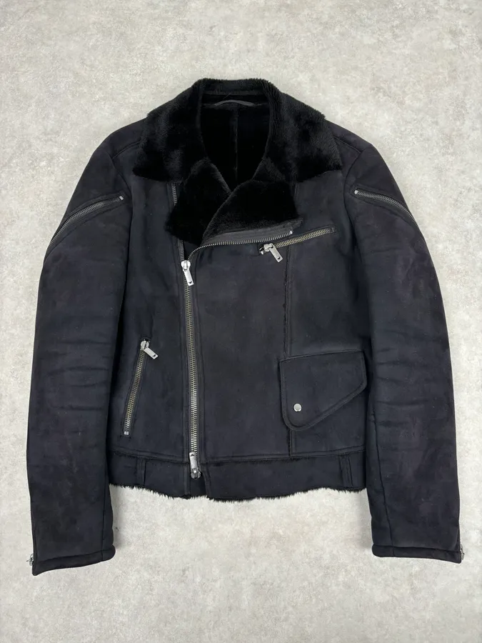 AW2001 Emporio Armani Dark Navy Shearling Tornado Zip Jacket - Image 4