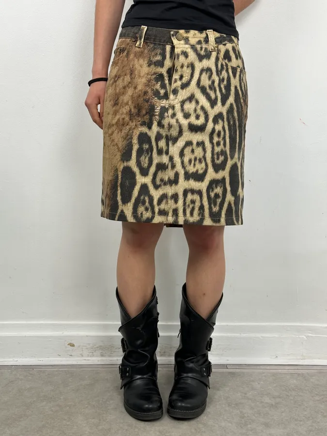 AW2001 Roberto Cavalli Beige Denim Leopard Print Skirt