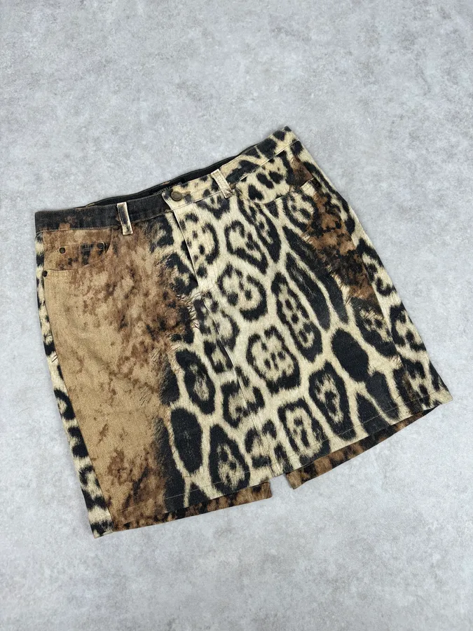 AW2001 Roberto Cavalli Beige Denim Leopard Print Skirt - Image 5