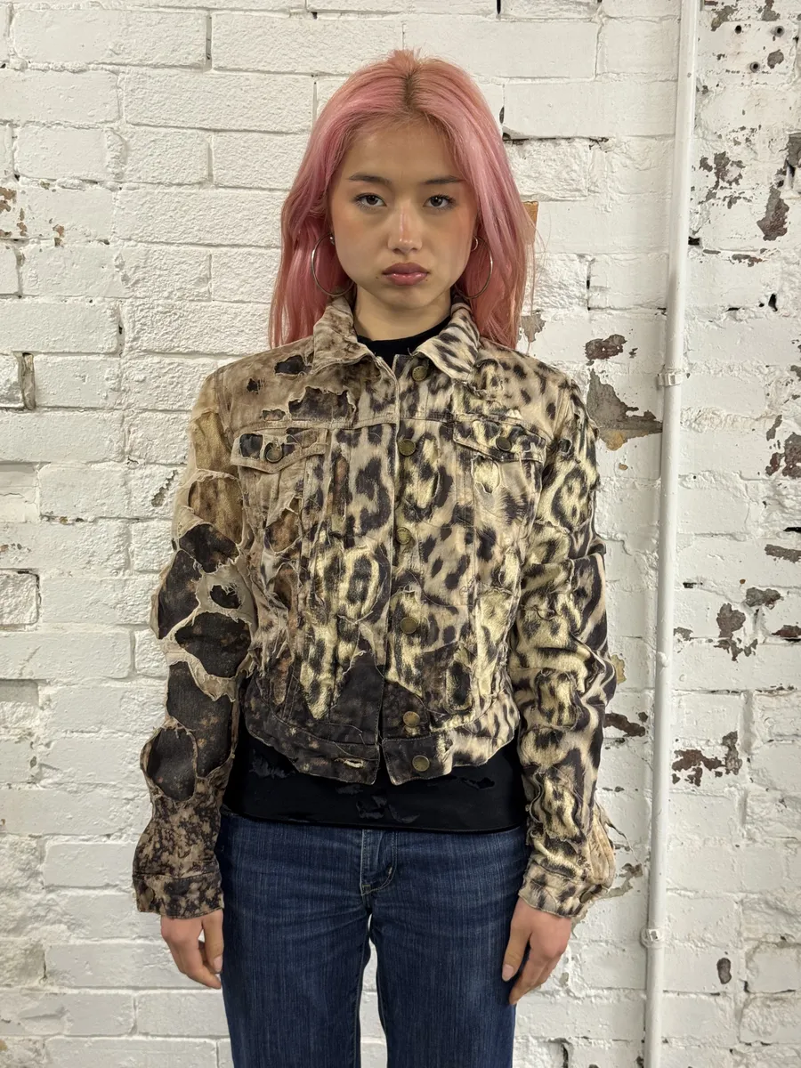 AW2001 Roberto Cavalli Beige Leopard Distressed Jacket - Image 2