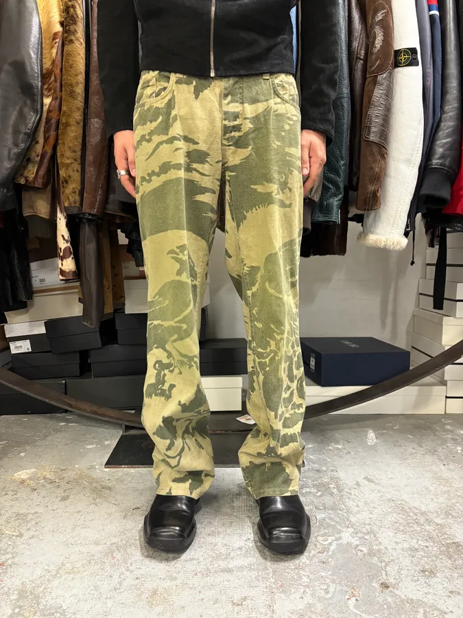 AW2001 Roberto Cavalli Camo Birds Khaki Beige Pants - Image 2