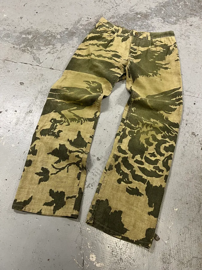 AW2001 Roberto Cavalli Camo Birds Khaki Beige Pants - Image 3