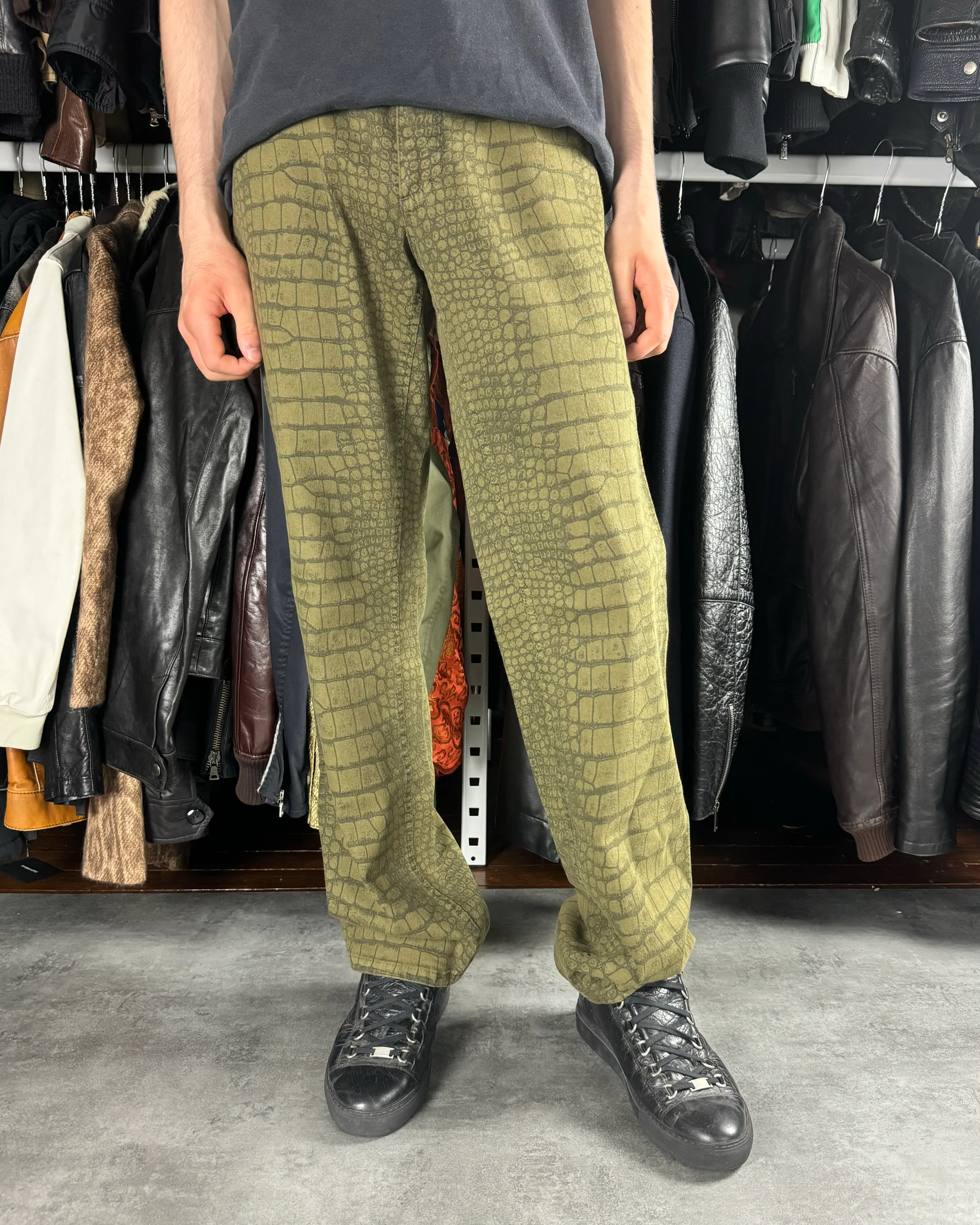 AW2001 Roberto Cavalli Olive Crocodile Effect Pants (L) - Image 3