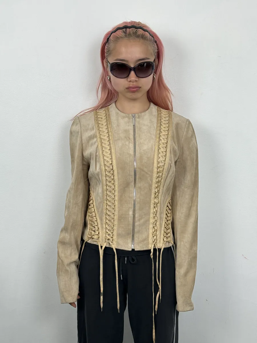 AW2002 Christian Dior Beige Leather Lace-Up Jacket - Image 3