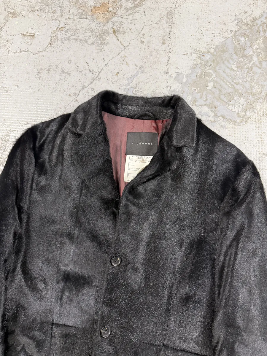 AW2002 John Richmond Black Pony Hair Leather Long Jacket - Image 4