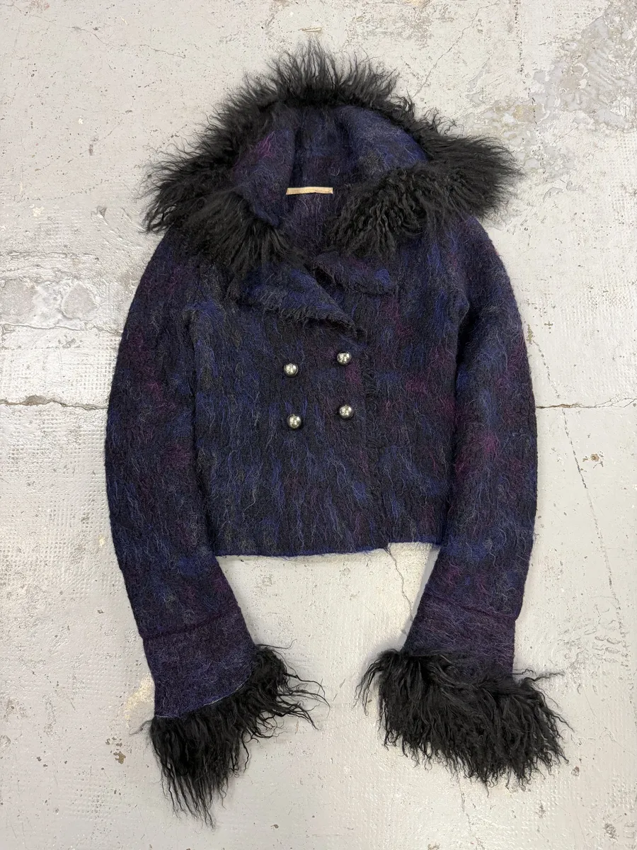 AW2002 Roberto Cavalli Navy Purple Mohair Fur  Royal Cardigan Jacket - Image 3