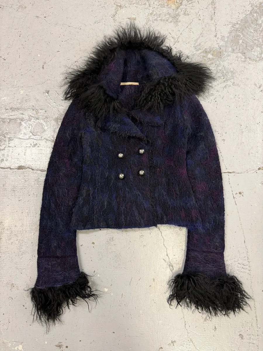AW2002 Roberto Cavalli Navy Purple Mohair Fur  Royal Cardigan Jacket - Image 4