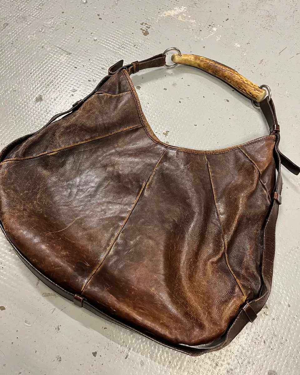 AW2002 Yves Saint Laurent Brown Eroded Leather Mombasa Handle Bag - Image 3