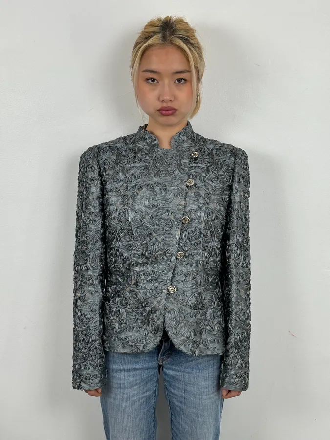 AW2003 Armani Collezioni Grey Royal Floral Asymmetrical Jacket - Image 2