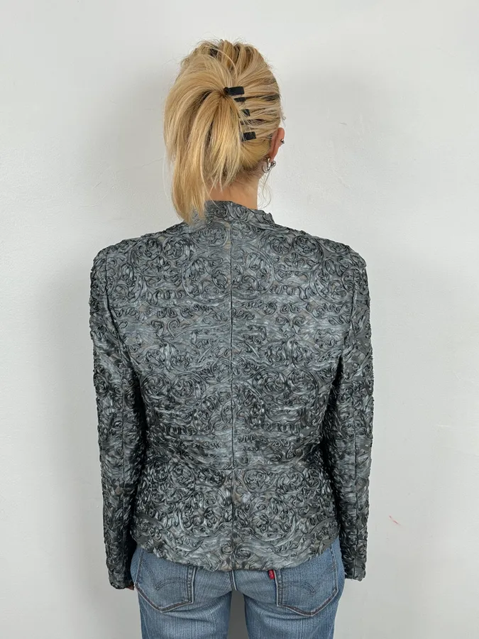 AW2003 Armani Collezioni Grey Royal Floral Asymmetrical Jacket - Image 3