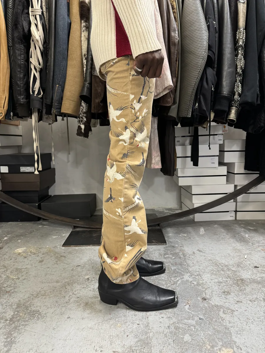 AW2003 Cavalli Asian Bird Flowers Beige Pants - Image 4