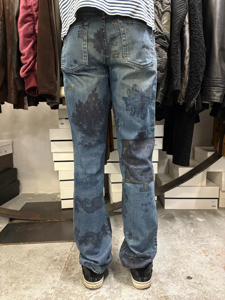 AW2003 Cavalli Blue Asian Gold Print Denim Jeans - Image 5