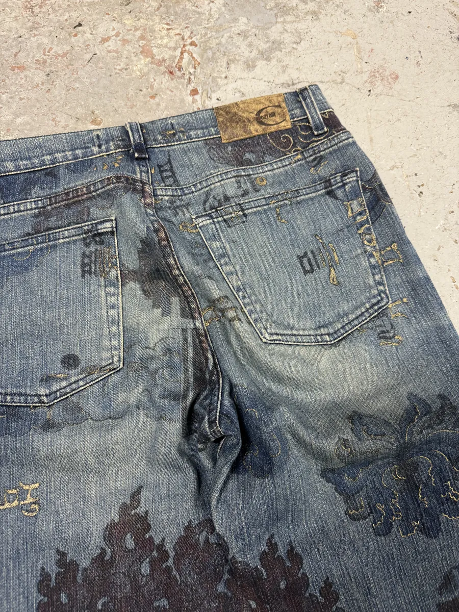 AW2003 Cavalli Blue Asian Gold Print Denim Jeans - Image 6