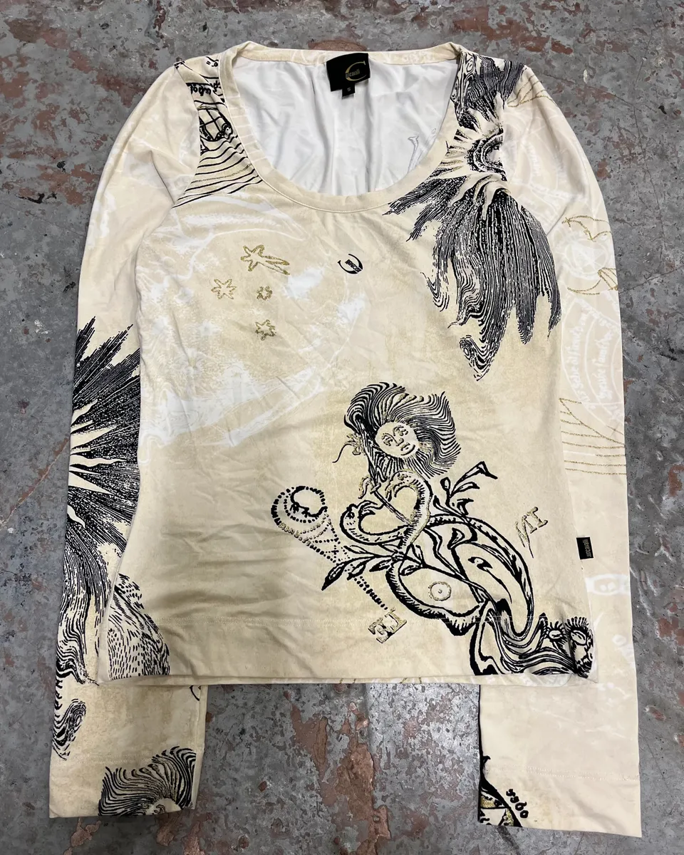 AW2003 Cavalli Ink Print Creamy Beige Longsleeve T-Shirt - Image 4