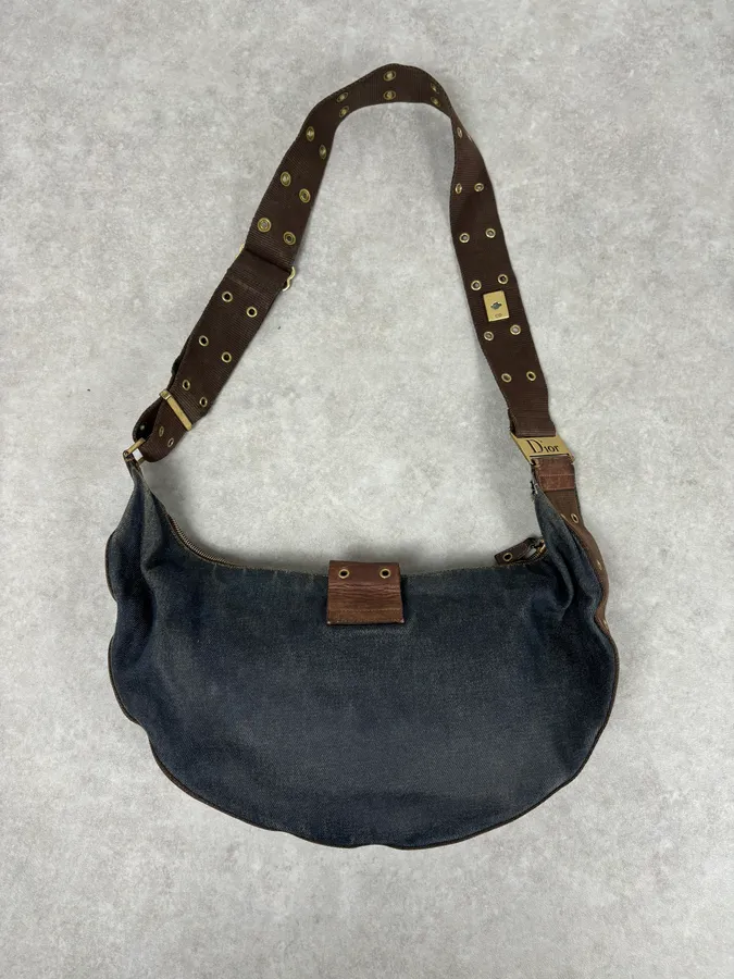 AW2003 Christian Dior Half Moon Navy Denim Leather Studded Bag - Image 5