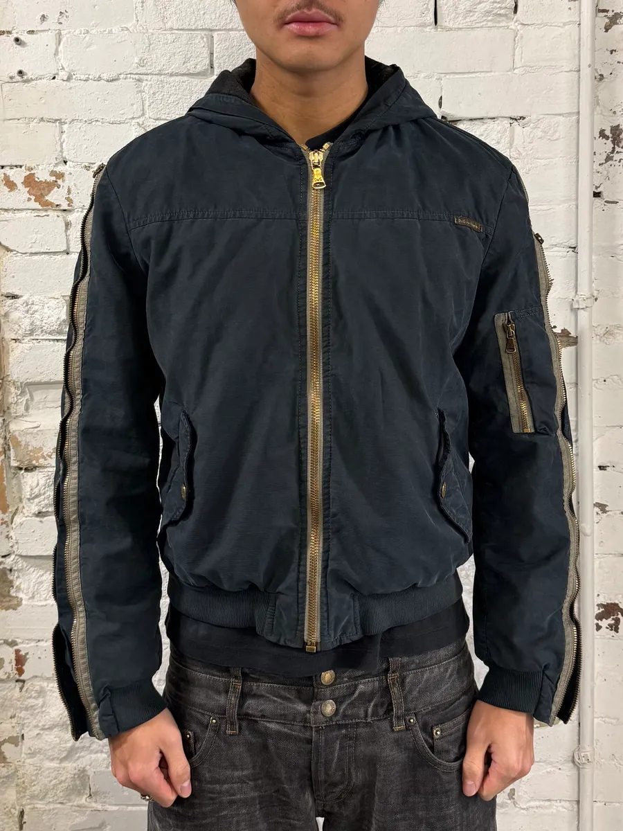 AW2003 Dolce & Gabbana Arm Zip Navy Hooded Bomber Jacket - Image 2