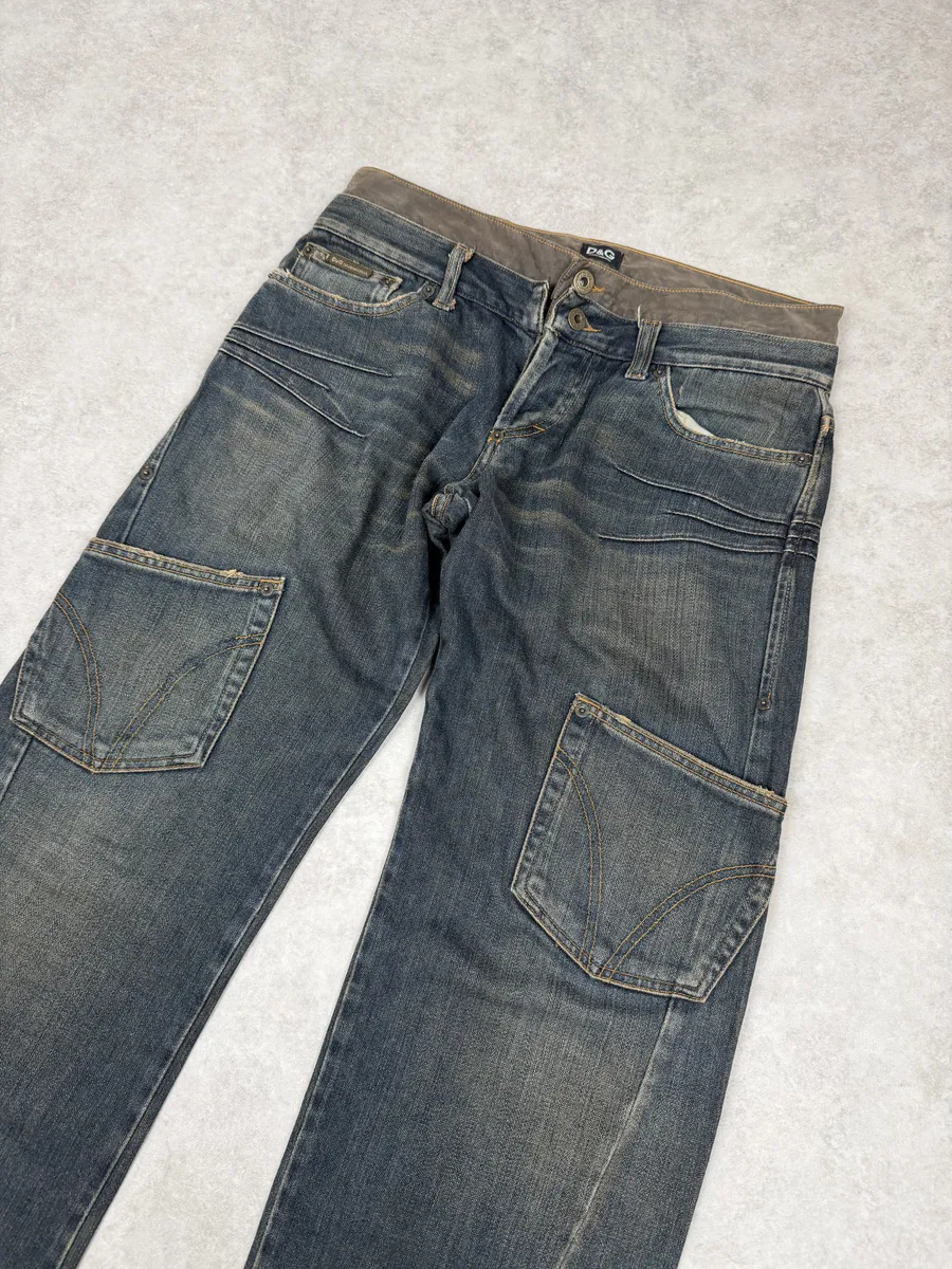 AW2003 Dolce & Gabbana Double Waisted Blue Faded Cargo Denim Jeans - Image 7