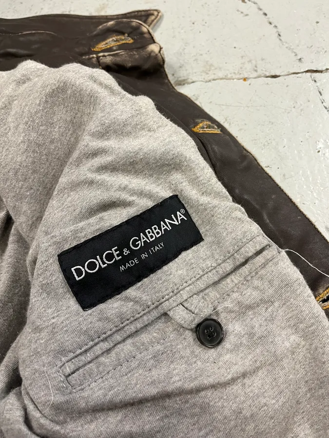 AW2003 Dolce & Gabbana Double Waisted Leather Blue Faded Denim Jacket - Image 11