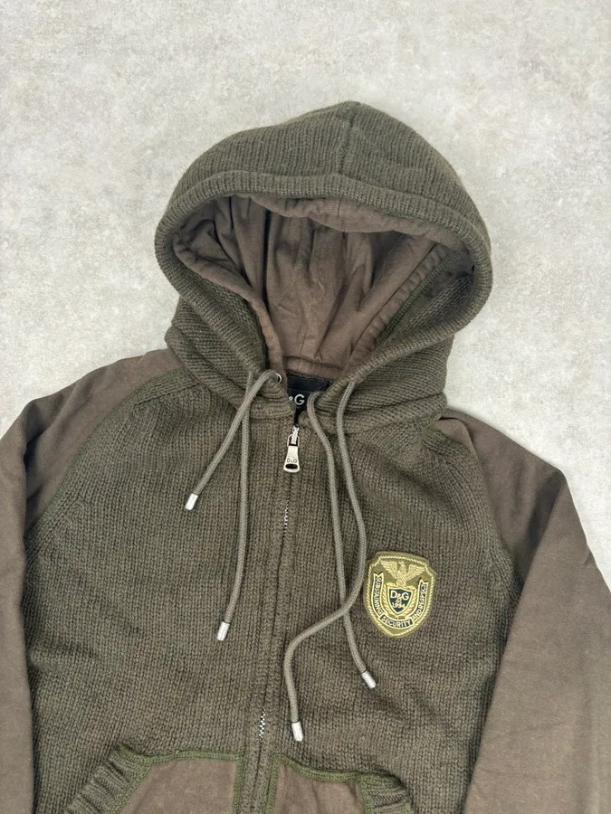 AW2003 Dolce & Gabbana Khaki Wool Embroidered Zip-up Hoodie - Image 4