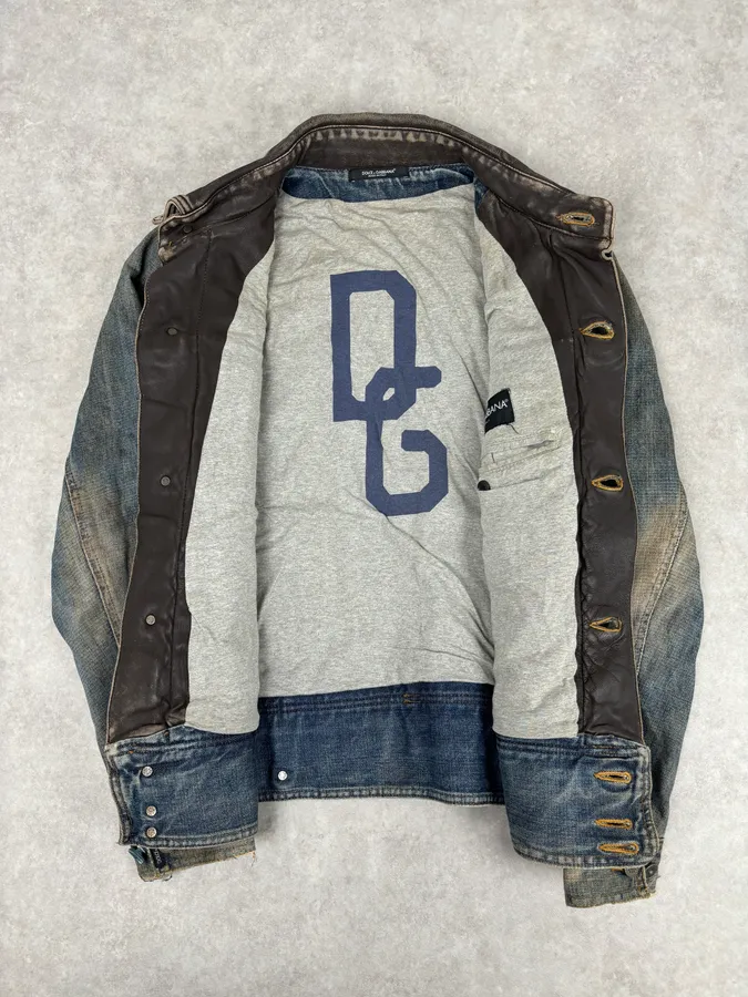AW2003 Dolce & Gabbana Layered Leather & Faded Denim Jacket - Image 12